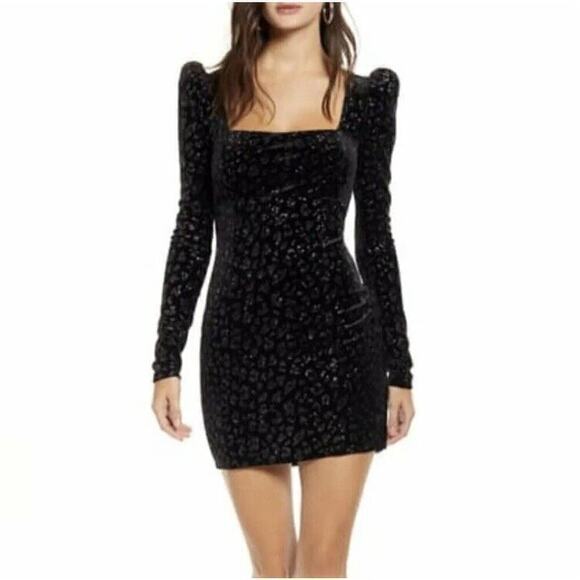 Row A Square neck Black Velvet Puff Shoulder Mini Dress size XL long sleeve - Picture 1 of 8